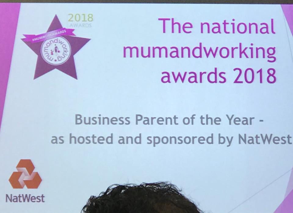 Andy Peasey from Ruggerbugs receiving the Business Parent 2018 Working Mum Award